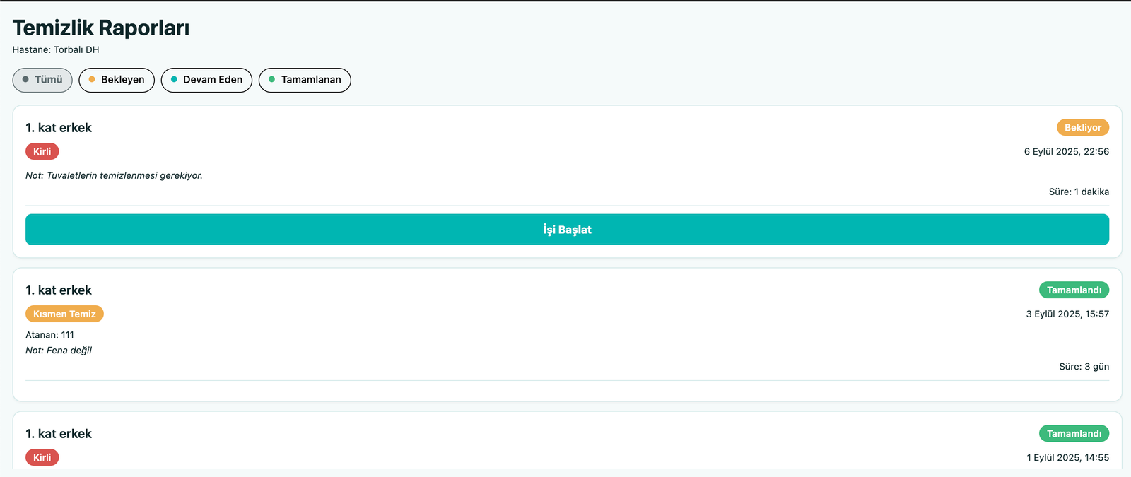 Rapor Yönetimi - Temizlik raporları listesi ve filtreleme seçenekleri